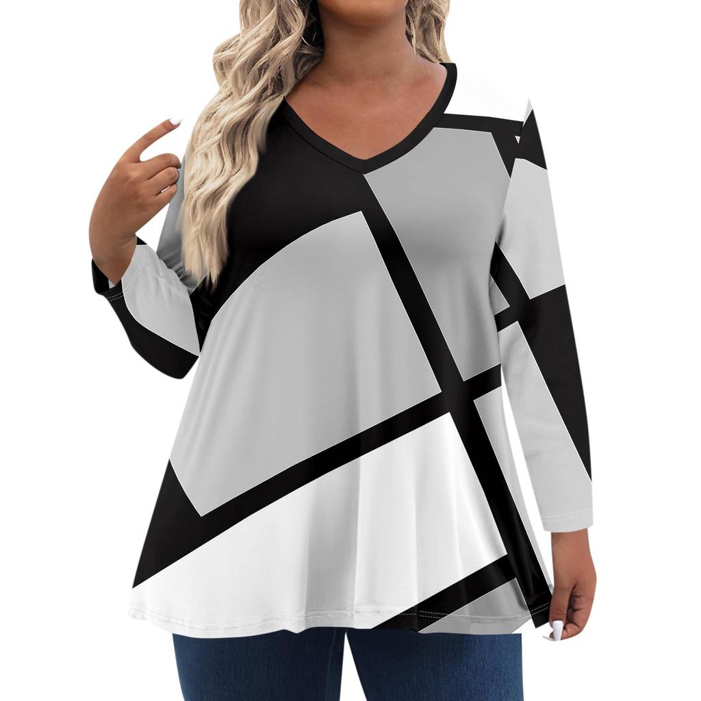 Womens Plus Size Tops Long Sleeve Print Shirts V Neck Casual Clothing Clothes Tops