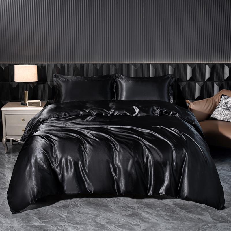 Solid Satin Bedding Set Soft Smooth Duvet Cover Sheet Pillowcase For Twin Full Queen King Size Beds