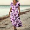 Fashion Women's Summer V-neck Short Sleeve Cotton And Linen Vintage Floral Print Beach Dress