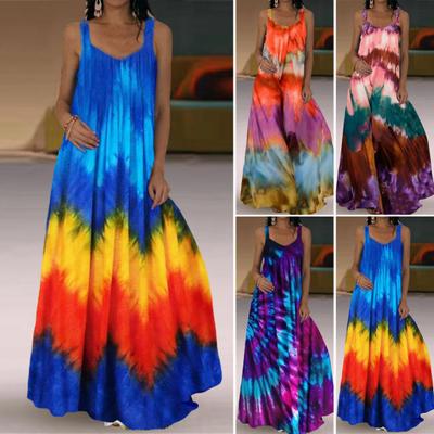 Women Beach Dress Color Matching Bright Colors Sleeveless Bohemia Floor Length Beachwear Off-the-shoulder Swing Sling Holiday Maxi Dress Women Clothes