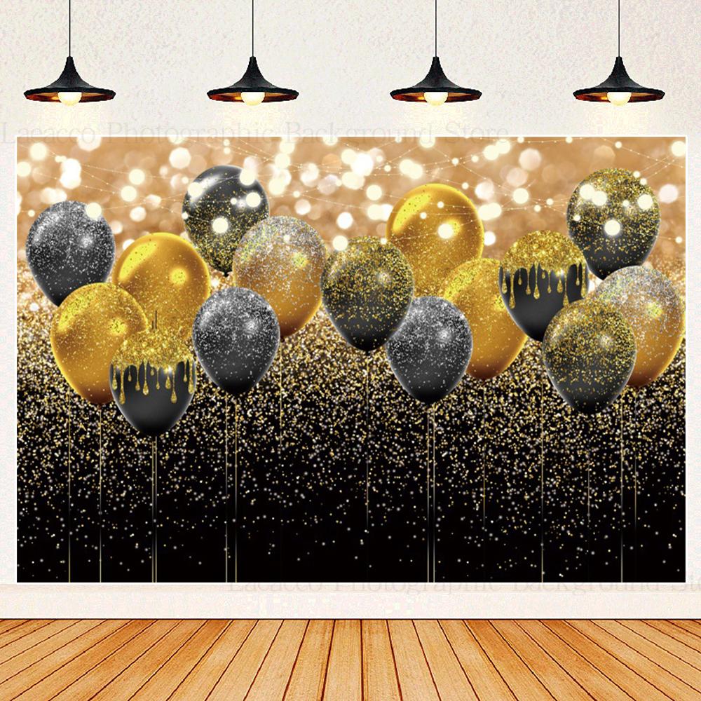 Happy Birthday Party Backdrops Black Gold Balloons Champagne Birthday Party Decor Banner Photography Background for Men Women