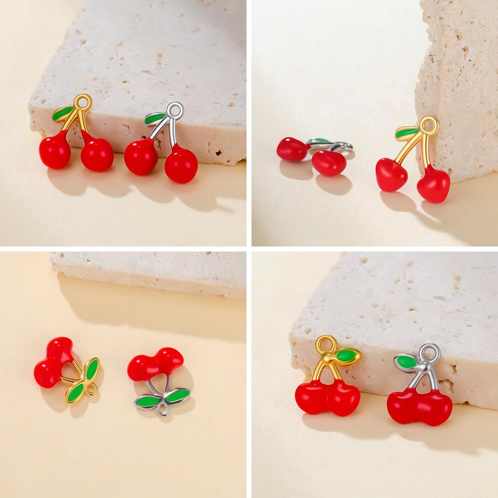 Teamer 5pcs/Lot Enamel Cherry Charms Pendant Stainless Steel For Necklace Bracelet Making Fashion Accessory Romantic Jewelry