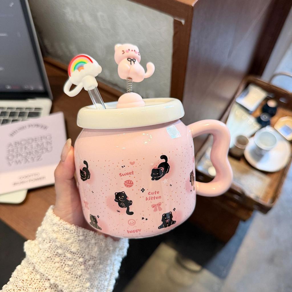 Tazza da gatto con coperchio tazza carina con cannuccia tazza da acqua in ceramica grande capacità casa ufficio tazza per caffè colazione