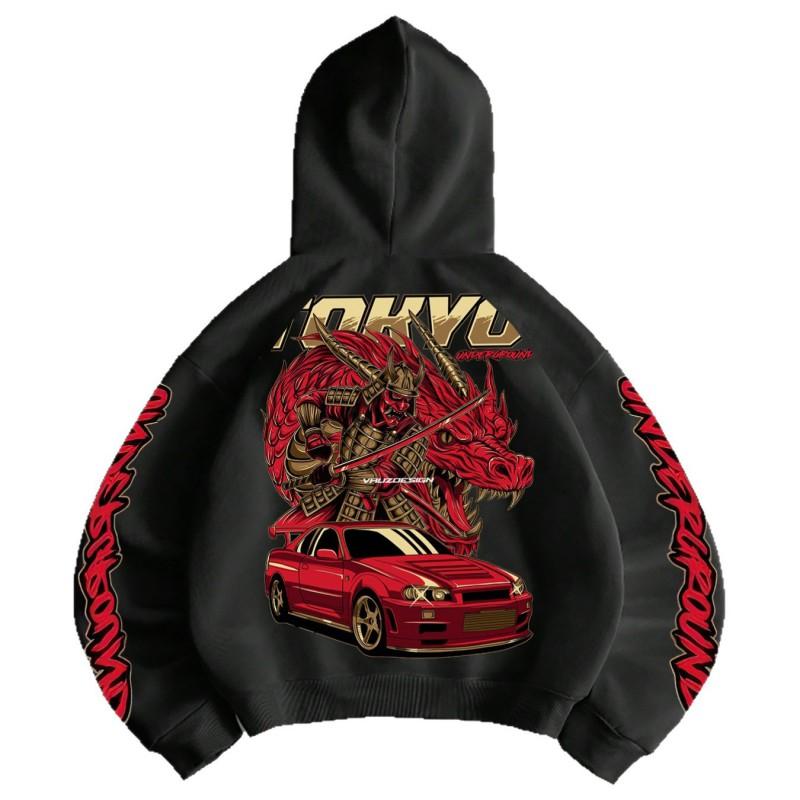 Tokyo Samurai Sports Car Short Hoodie Red Gold Japanese Style JDM Loose Fit Long Sleeve Print Top