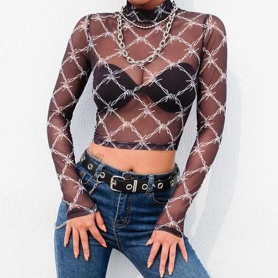 Mesh Tee Shirt Femme Sexy Long Sleeve Crop Top Chain Print T Shirt Women Streetwear Vintage Fishnet Top T-shirt New Arrival