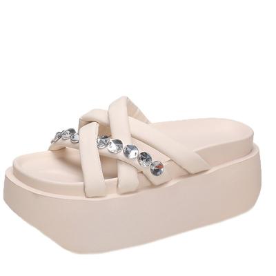 Moda Zapatillas de Plataforma Gruesa con Tacón de 8 cm para Mujer Sandalias Cuña de Cuero con Punta Abierta Chanclas de Playa para Mujer Verano Suela Gruesa