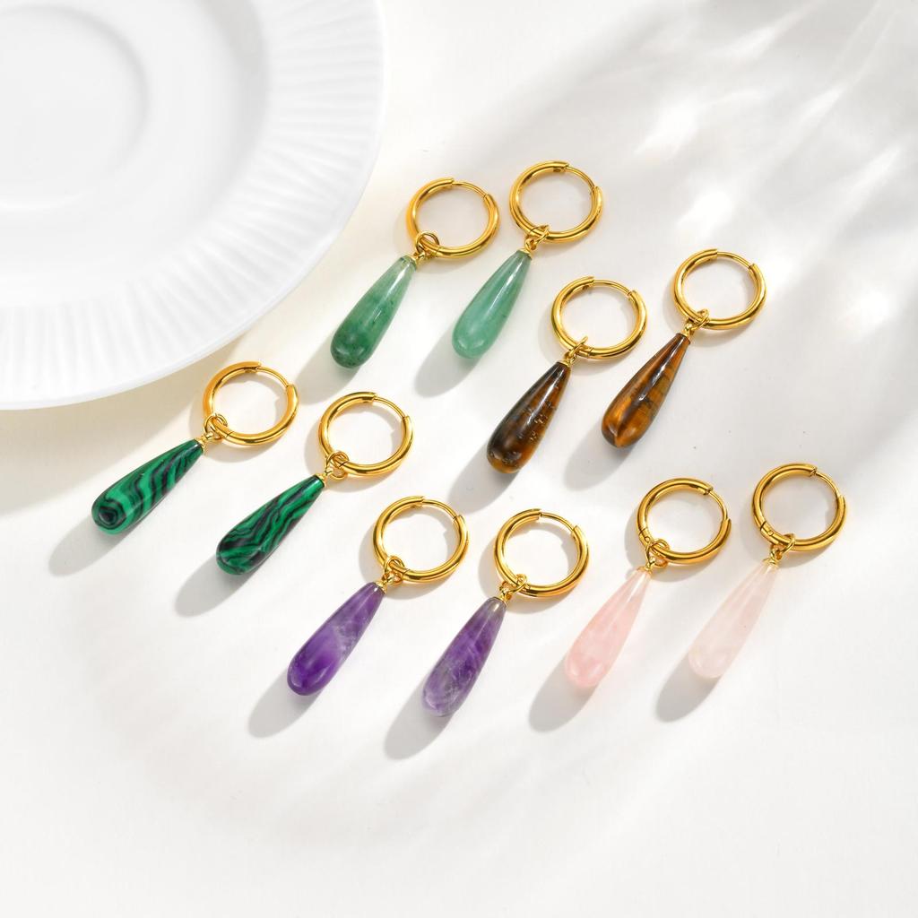 Women's Amethyst Teardrop & Tiger Eye Malachite Gold Earrings