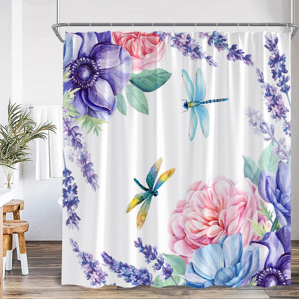 Dragonfly Floral Shower Curtain Insect Flower Wistera Plant Bathroom Decor Modern Polyester Bath Curtain With Hook With Hook