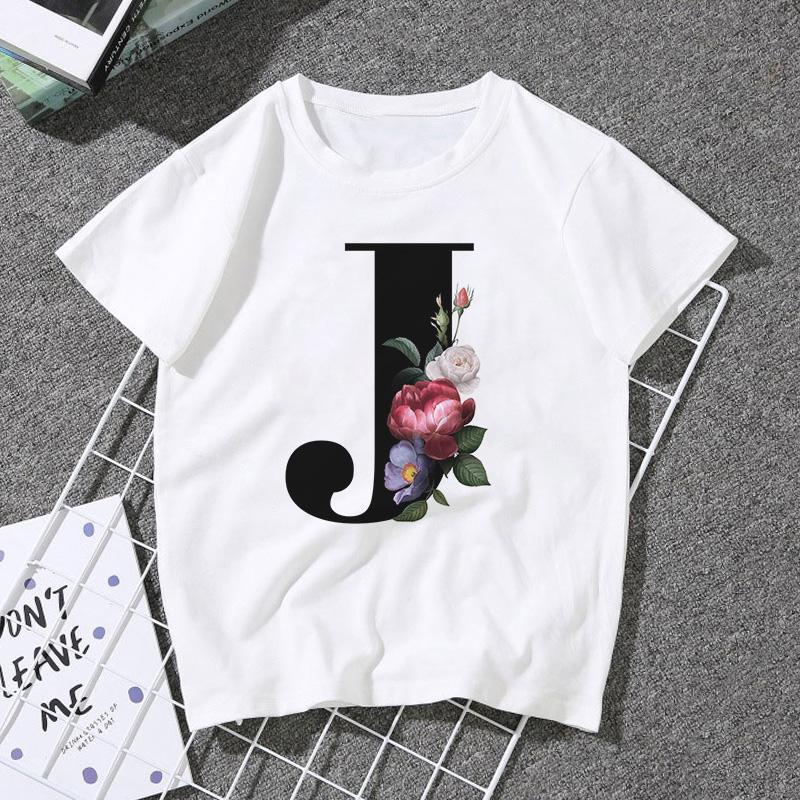 A B C D E English Alphabet Print T Shirt Women Short Sleeve Couples Lovers Female