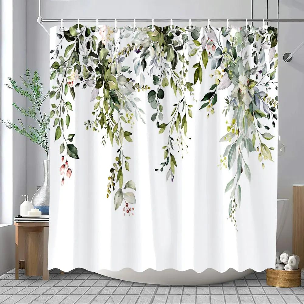 Watercolour Botanical Floral Leaf Shower Curtain Polyester Fabric Washable Home Bathroom Curtains Bathroom Decoration With Hooks