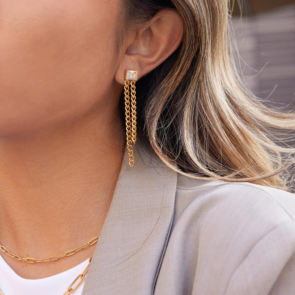 Uworld Classic 18K Plated Gold Color Square Zircon Earrings Women Two Asymmetrical Chain Tassel Earring Stainless Steel Jewelry