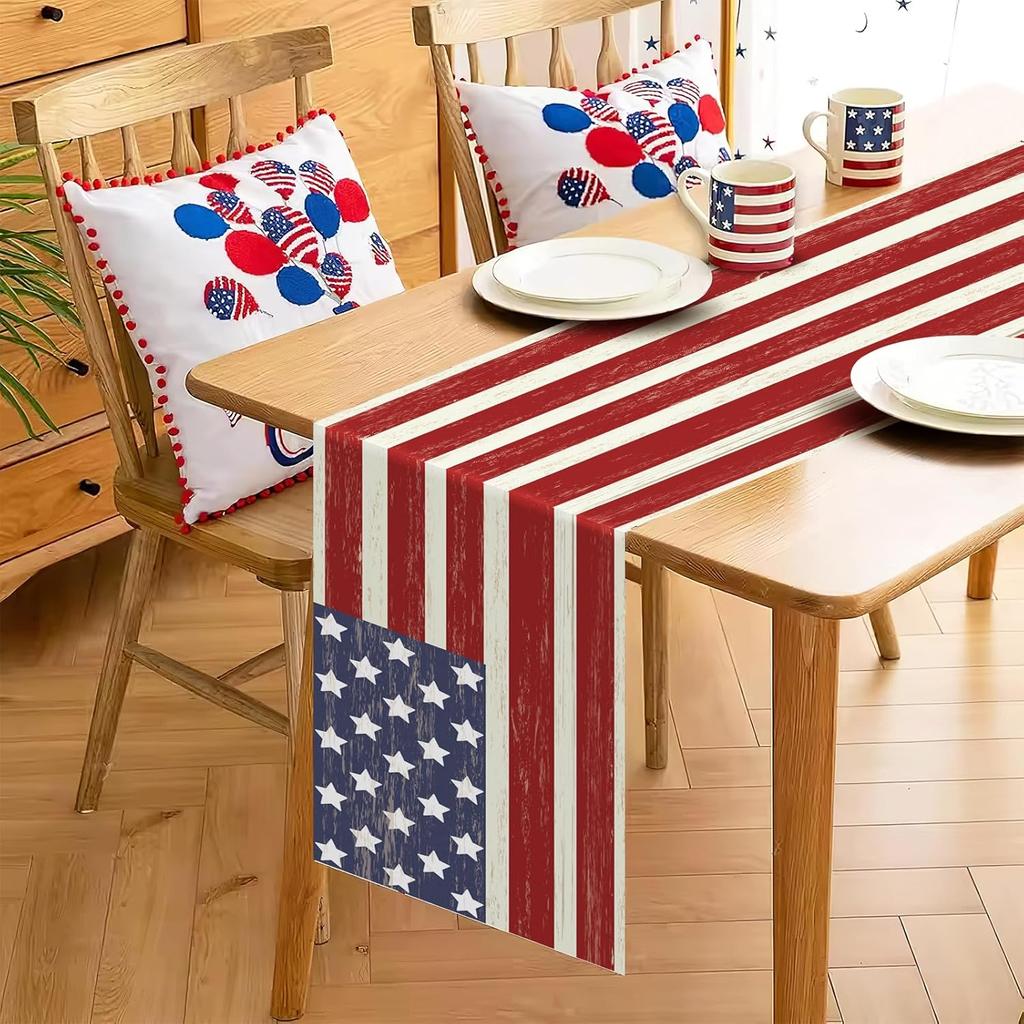 4th of July American Flag Linen Table Runner Dresser Scarve Decor Red White Blue Kitchen Dining Table Runner Holiday Party Decor