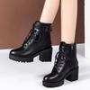 2025New Women High-heels Boots Lace Up Ankle Boot Waterproof Leather Boots Luxury Motorcycle Boots for Women Botas Mujer