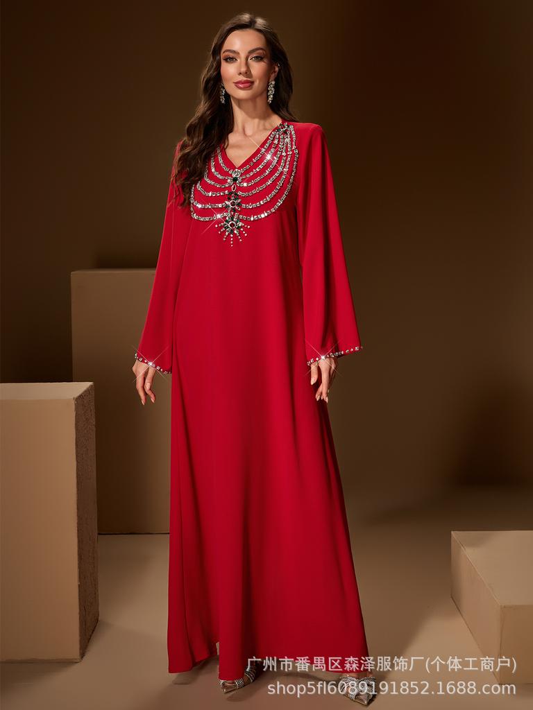 Elegant Rhinestone Long Sleeve V Neck Evening Gown