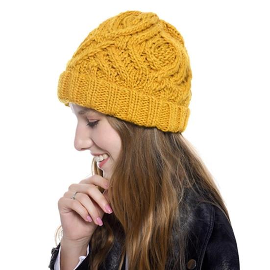 Women Autumn Winter Solid Color Woolen Yarn Soft Warm Beanie Hat Knitting Cap