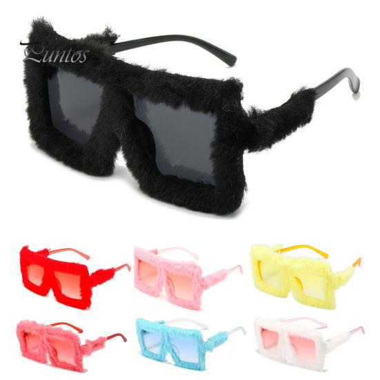 Women Sunglasses Fluffy Plush Trim Oblong PC Frame Anti-UV Sunscreen Eyewear for Club Parties Photography