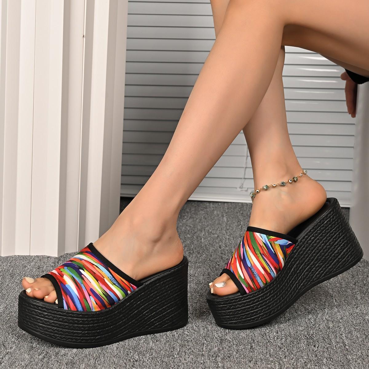 

2024 female summer muffin thick-bottomed mesh flower cool slippers female fish mouth super high with lace wedge heel one-word drag 43