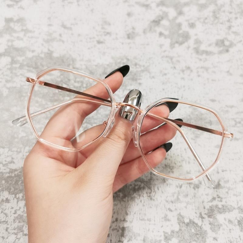 

Многоугольные очки Женская мода Плоские очки Оправа для очков Можно сочетать с близорукостью no degree anti-blue light розового золота