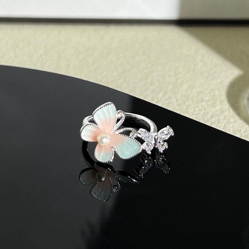 Diemeng Sakura Gradient Butterfly‑Flower Open Ring Sweet Mori Gentle Cold‑Wind Niche Adjustable Index‑Finger Trend Jewelry