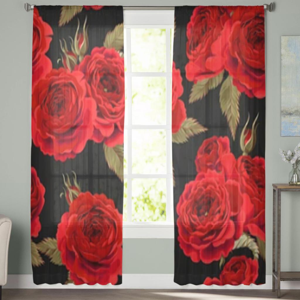 Bright Red Rose Flower Sheer Curtains For Living Room Window Transparent Voile Tulle Curtain Bedroom Drapes Home Decor