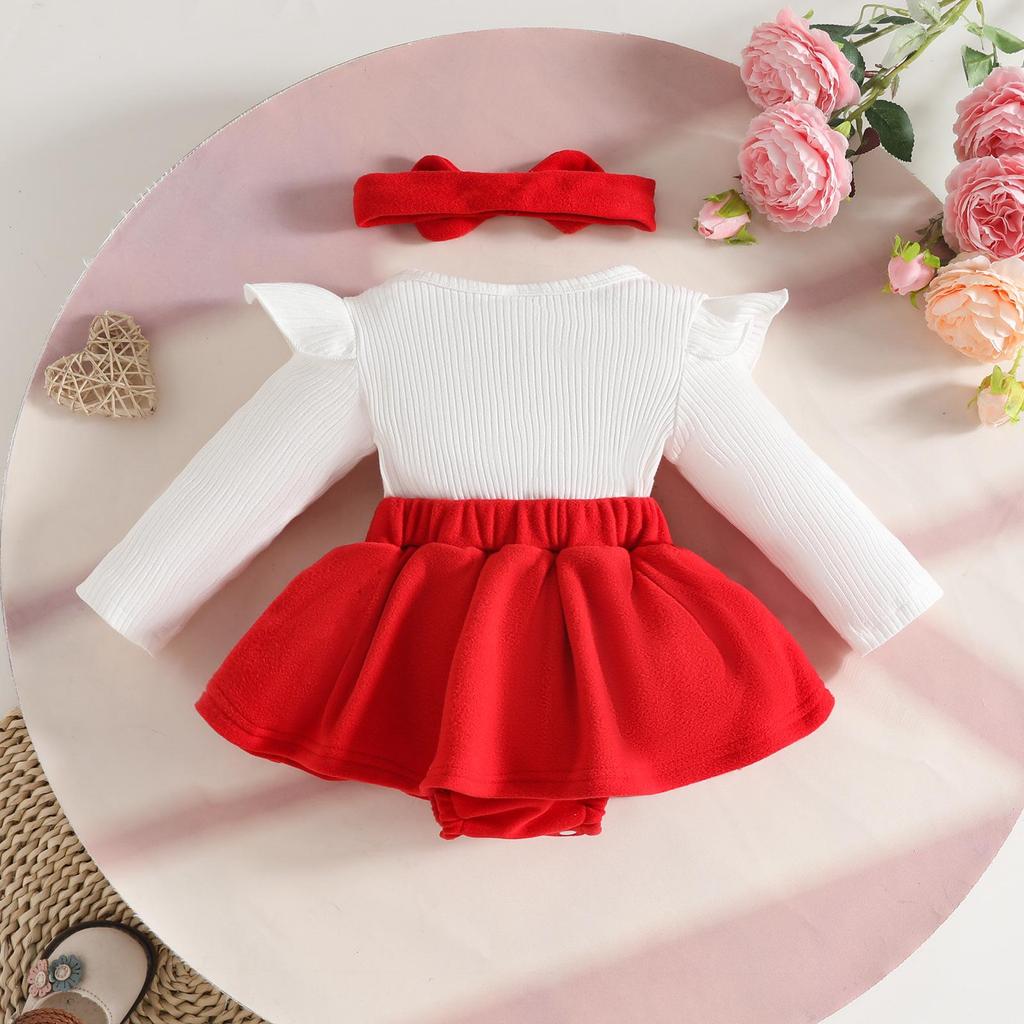 3D Heart Long-Sleeve Dress with Headband for Baby Girls, Ages 0-1, Wool Skirt Hem, with Open Crotch for Autumn/Winter