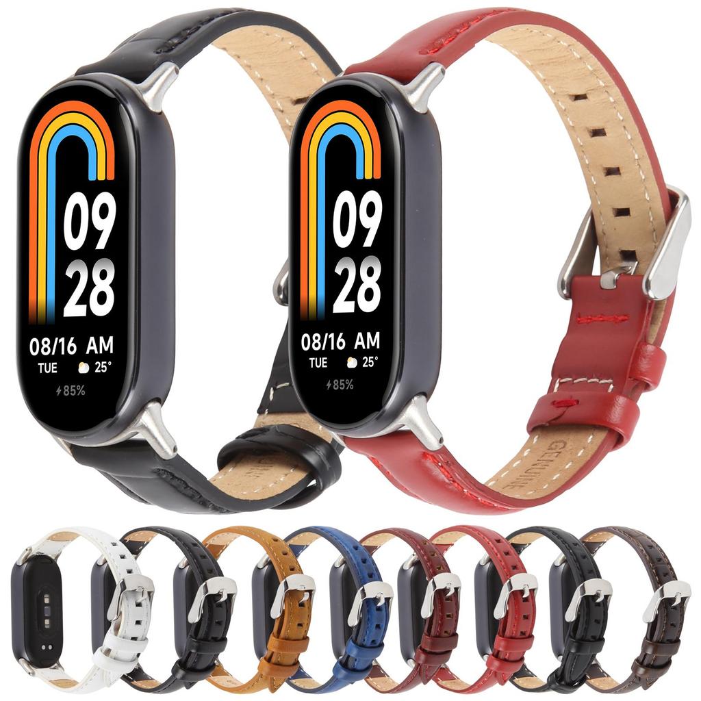 Řemínek na hodinky z pravé hovězí kůže pro Xiaomi Smart Band 9 NFC/9/8 Náramek se stříbrným kovovým konektorem