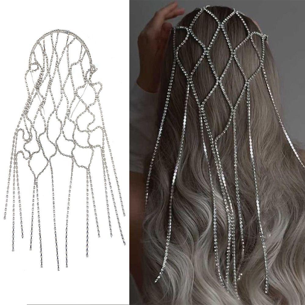Long Chain Mesh Headband Rhinestone Inlaid Bridal Headpiece  Hair Accessories