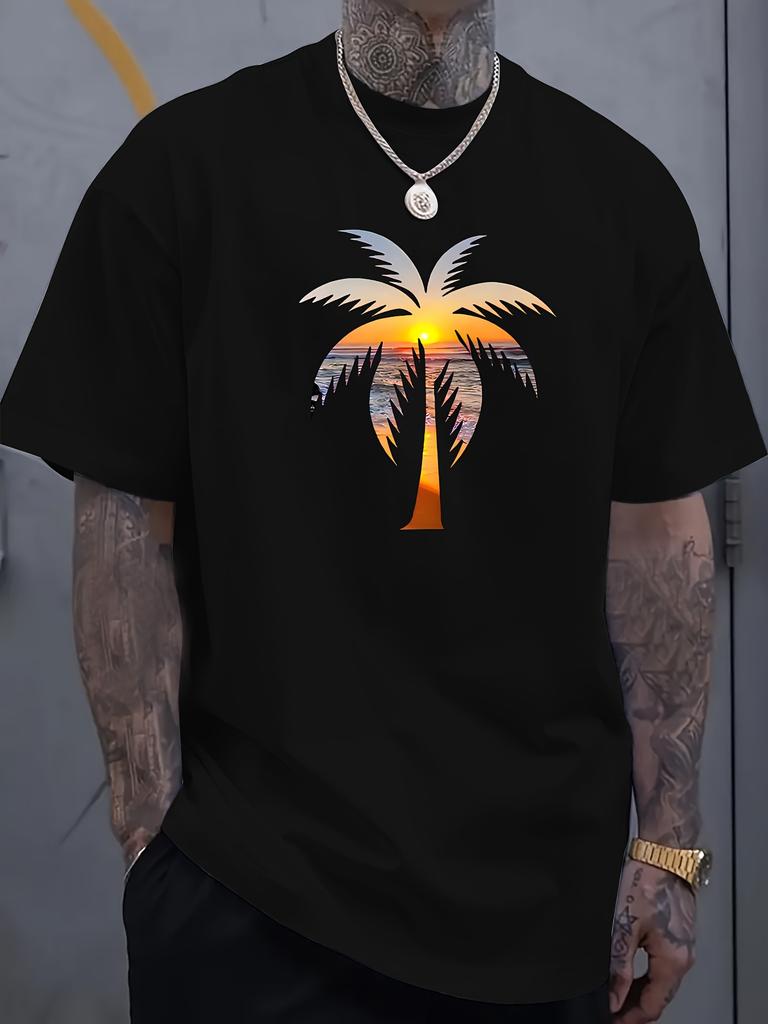 Mens summer casual cotton Tshirt with sunset coconut tree graphic crew neck short sleeves slight stretch regular fit