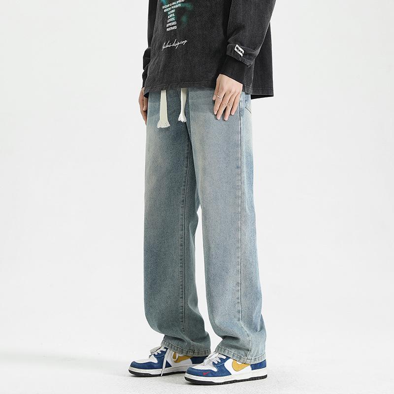 2026 New Vintage Drawstring Jeans for Men, Washed, Loose Fit, Versatile Workwear Trousers