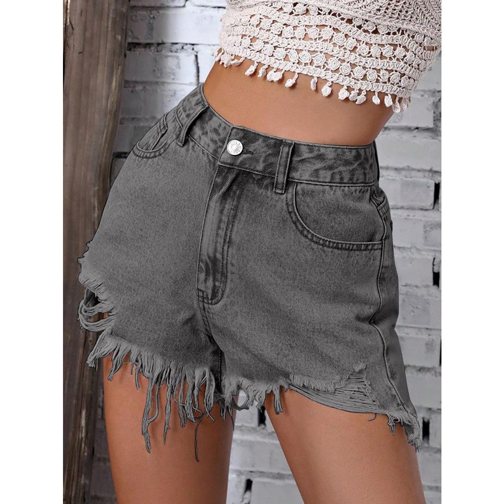 Women's High Rise Denim Shorts Straight Fit Ripped Frayed Streetwear Jean Shorts