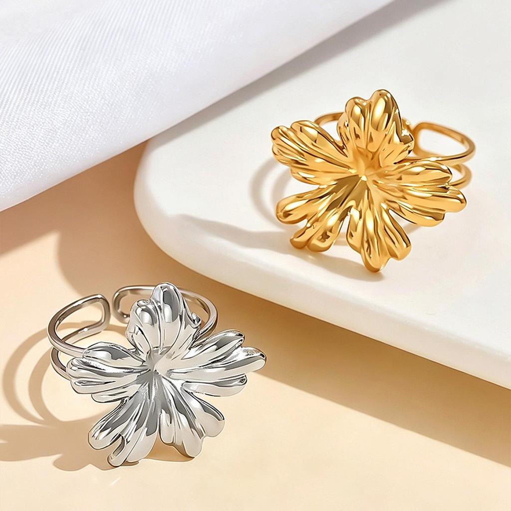 Stainless Steel Open Finger Ring with 18K Gold Flower Design