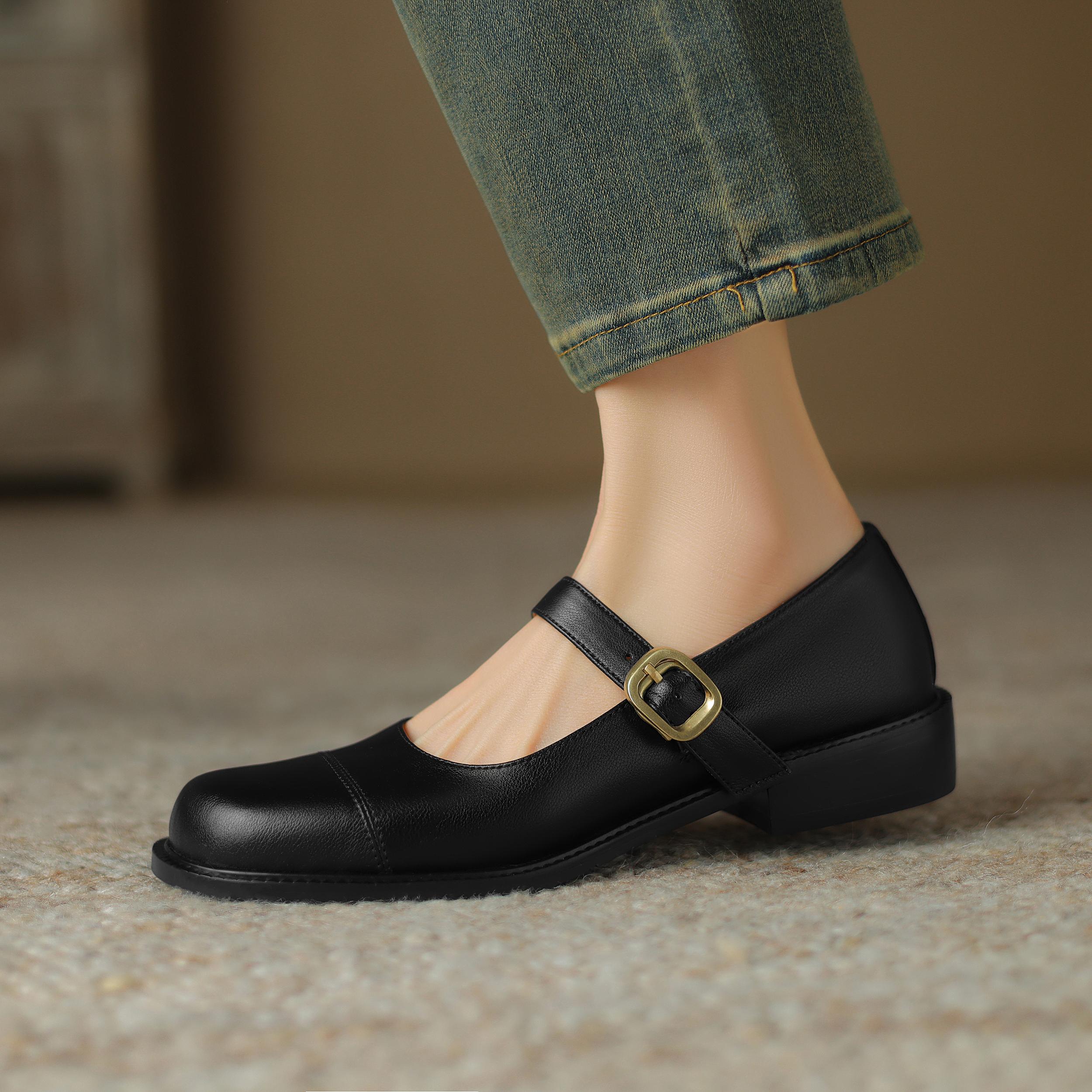 

Женские туфли на низком каблуке для весны и лета, удобные одиночки из воловьей кожи с неглубоким горлом, туфли Мэри Джейн на толстом каблуке оверсайз. 48 чёрный