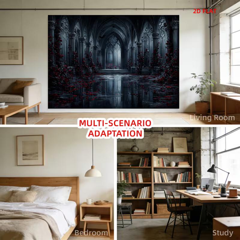 2D Spooky Gothic Cathedral Tapestry Black Water Red Rose Halloween Wall Art