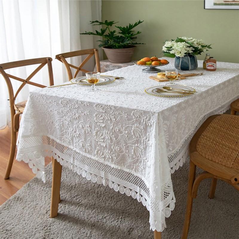 Elegant French Style White Lace Tablecloth With Floral Embroidery Cotton Dining Table Cover Living Room Rectangular