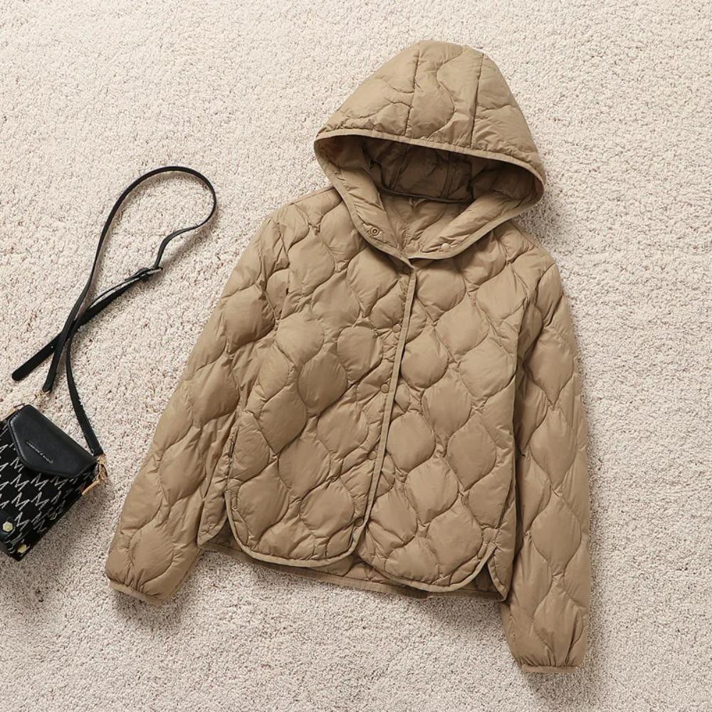 Damen Leichte Daunenjacke Mode Warm Winddicht Slim Weiße Entendaunen Kapuze Reife Damenjacke