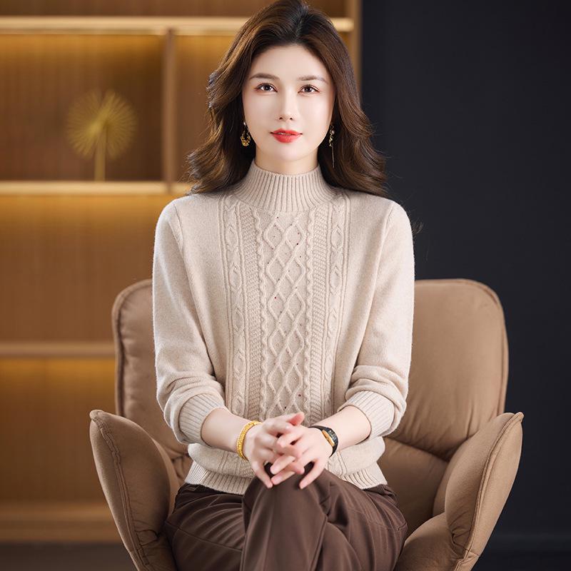 Autumn/Winter 100% Wool Knit Base Layer Sweater for Mid-Aged & Elderly Women - Thick, Warm, Inner Wear