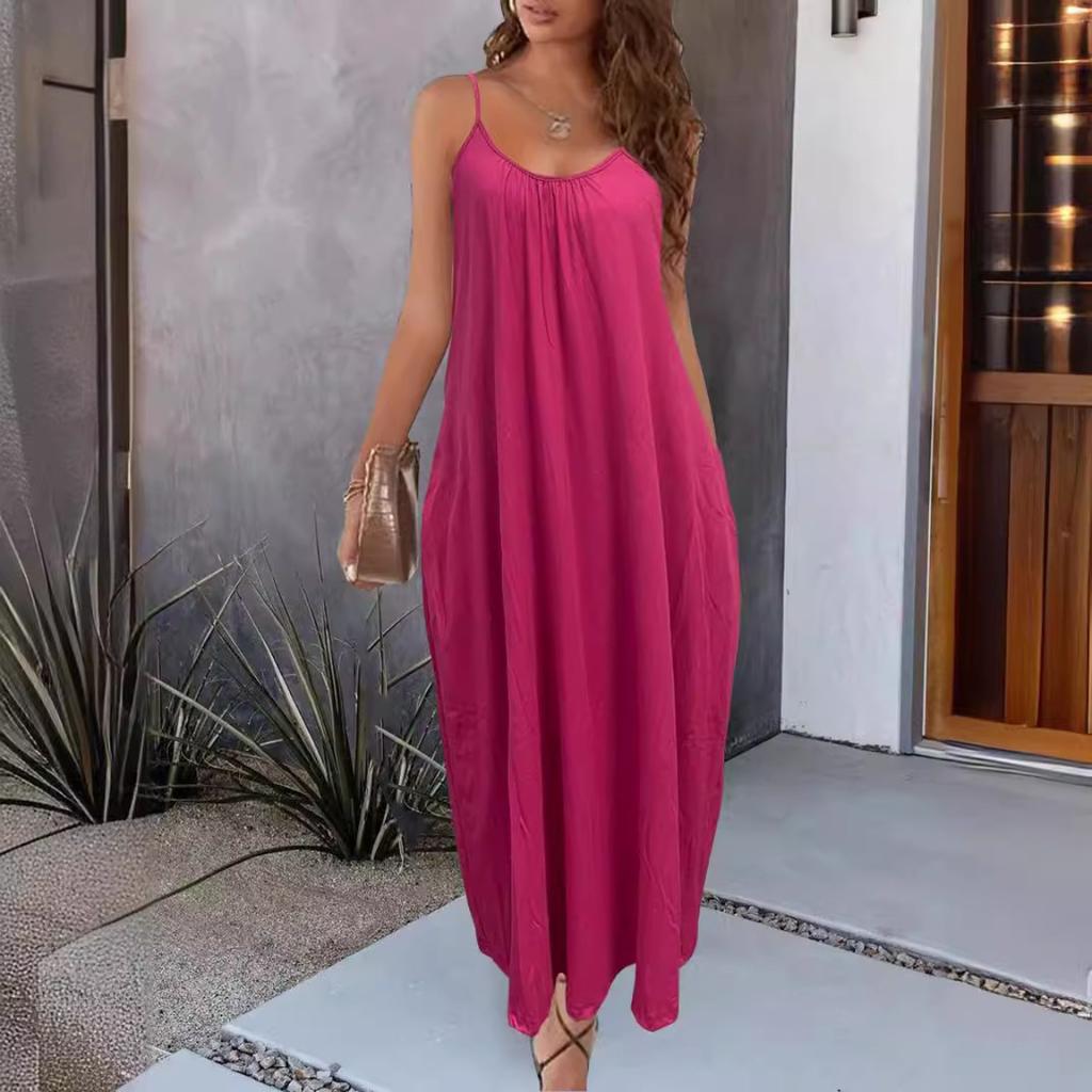 Women's Solid Color Low-cut V-neck Loose Laxy Style Sling Dress, Slimming Spring Summer Casual Dress for Foreign Trade