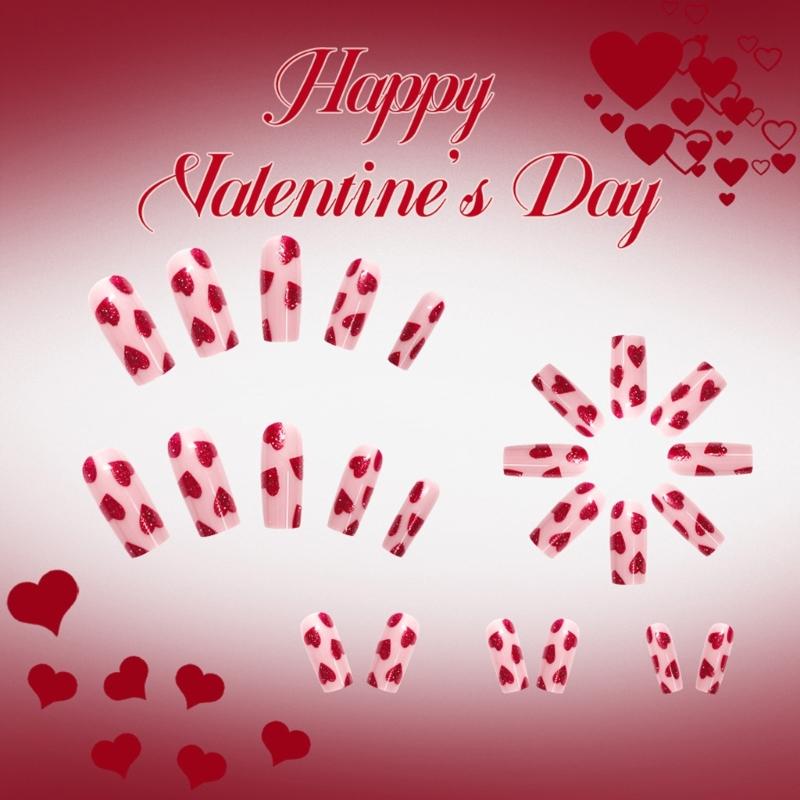 24PCS Shimmering Red Heart Press On Nail Medium Coffin Glossy Finish ABS Material Valentines Party Essential