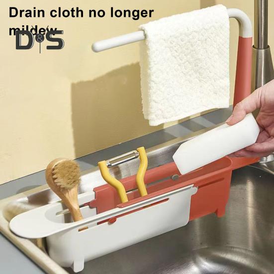 Teleskopický úložný stojan na dřez Velkokapacitní Nastavitelný design Větraný Dutý Odkapávač na kuchyňský dřez s držákem na ručníky