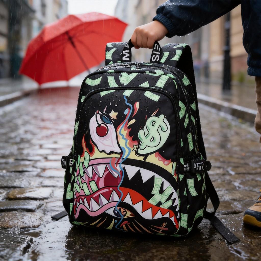 Kids Waterproof Nylon Backpack With Shark Print For Elementary School Use And Daily Carry