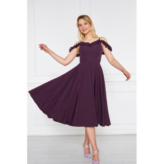 Women's Adjustable Strap Ruffle Detailed Collar Pleated Flared Midi Evening Dress