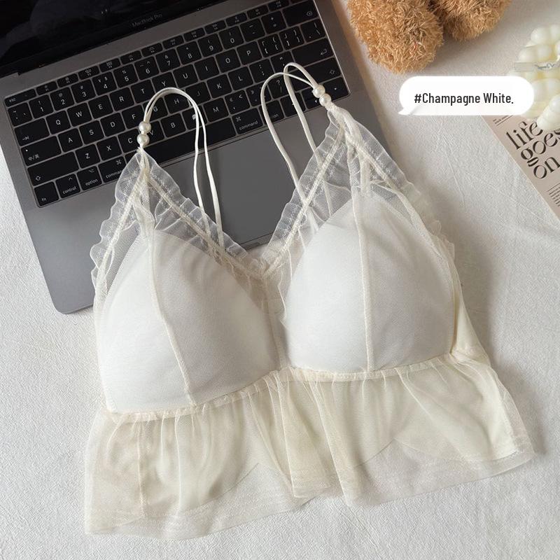 

Girls French Floral Lace Pearl Camisole - Double Strap Layered Mesh Vest for Spring/Summer Beach Photography Regular 90-140 lbs