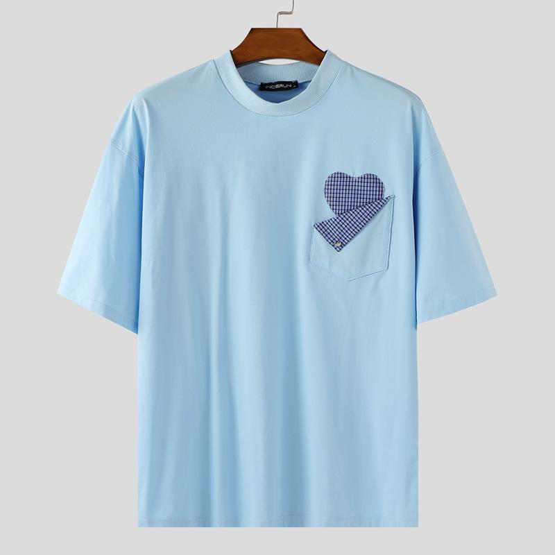 

INCERUN Мужские футболки с коротким рукавом и круглым вырезом, повседневные топы в клетку, пэчворк 5XL светло-синий