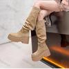 Women's Thick Heels Knee High Boots Khaki Flock Slip on Western Boots Woman Spring Autumn Soft Leather Short Botas Mujer