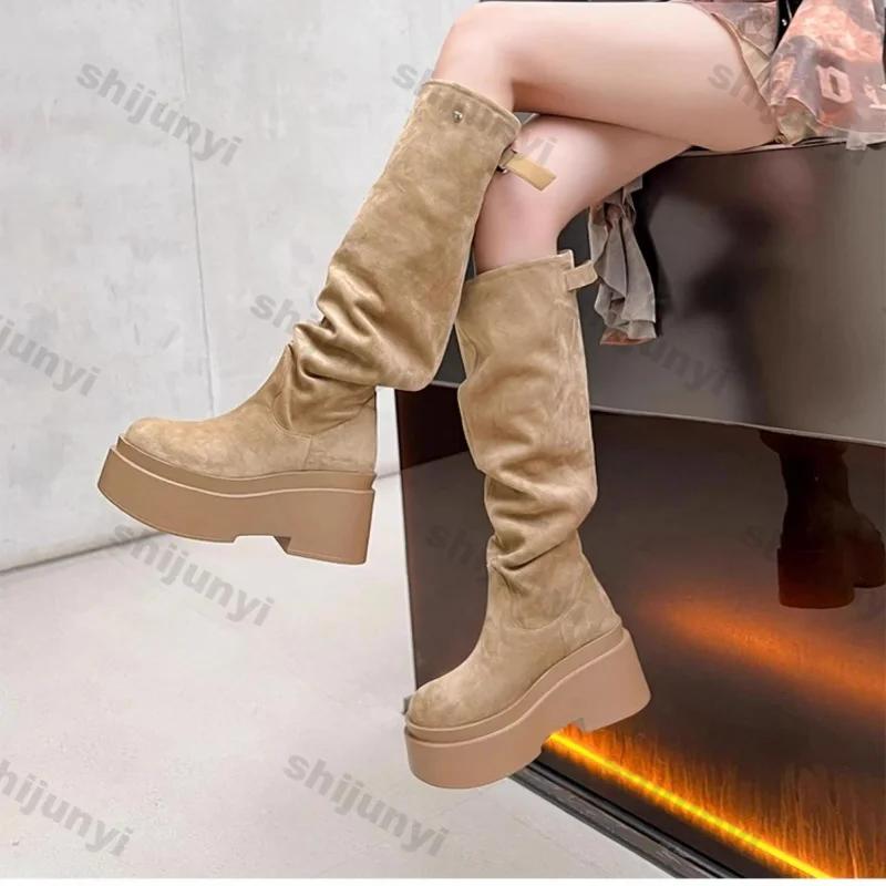 Women's Thick Heels Knee High Boots Khaki Flock Slip on Western Boots Woman Spring Autumn Soft Leather Short Botas Mujer