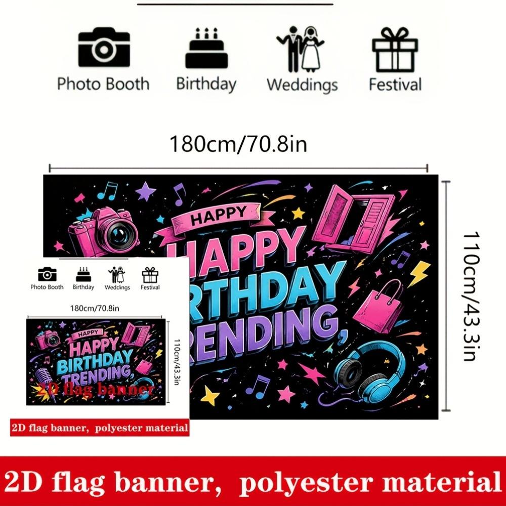 Trendy Happy Birthday Banner Backdrop Microphone Camera Notes Stars