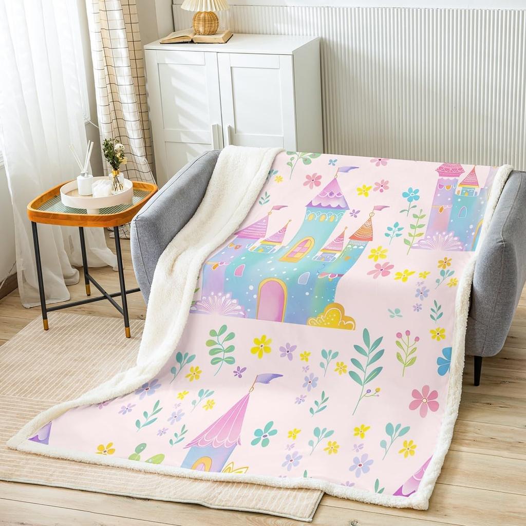 Princess Flannel Blanket All Seasons Dreamy Castle Girl Bed Throw for Kawaii Decor Watercolor Paint Print Purple Blanket for Kid