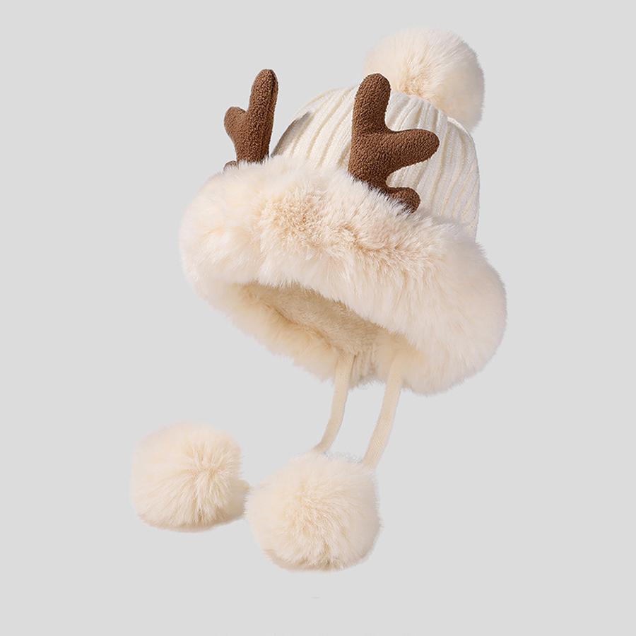 Cute Ears Plush Winter Hats for Women Beanies Deer Antler Fur Pompom Knit Bonnet Fluffy Winter Cap Bomber Hats Women Gorro