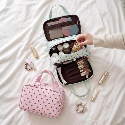 Polka Dot Cosmetic Bag Large Capacity Pu Waterproof Travel Toiletry Organizer Three-Layer Partition Travel Storage Bag