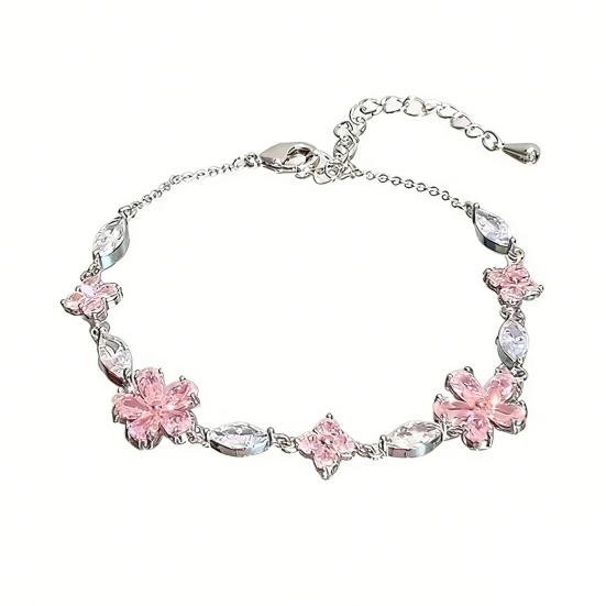 Rosa Zirkon Kirschblüten-Schleifenarmband Elegante Strass-Blumenkette Leichtes Romantisches Design Geschenk für Frauen Zarter Alltags Schmuck